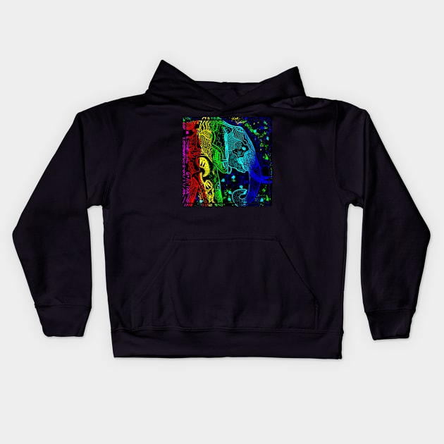 Rainbow Zentangle Elephant with Black Background Kids Hoodie by BHDigitalArt